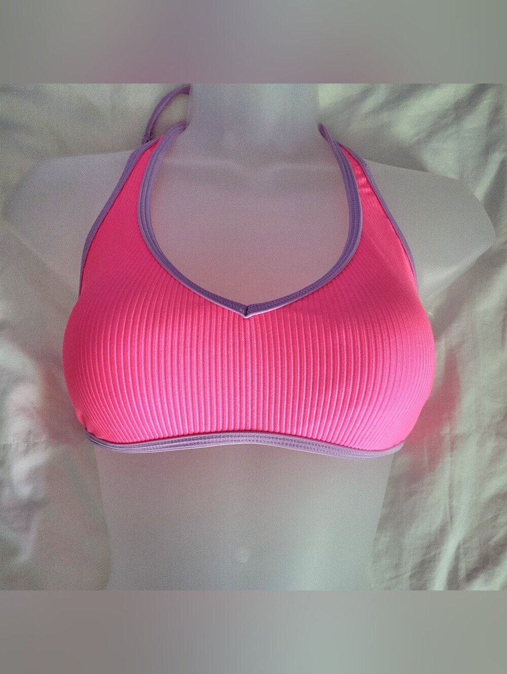 NWT Size M Pink Ribbed Halter Bikini Top with Contrast Trim